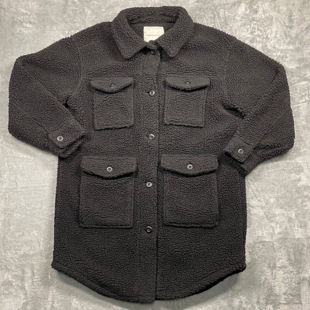 American‎ Eagle Womens Black Teddy Sherpa Shacket Oversized Coat Pockets Small